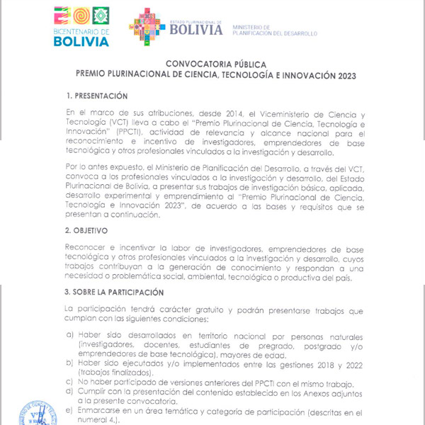 Convocatoria: Premio Plurinacional de Ciencia, Tecnología e Innovación