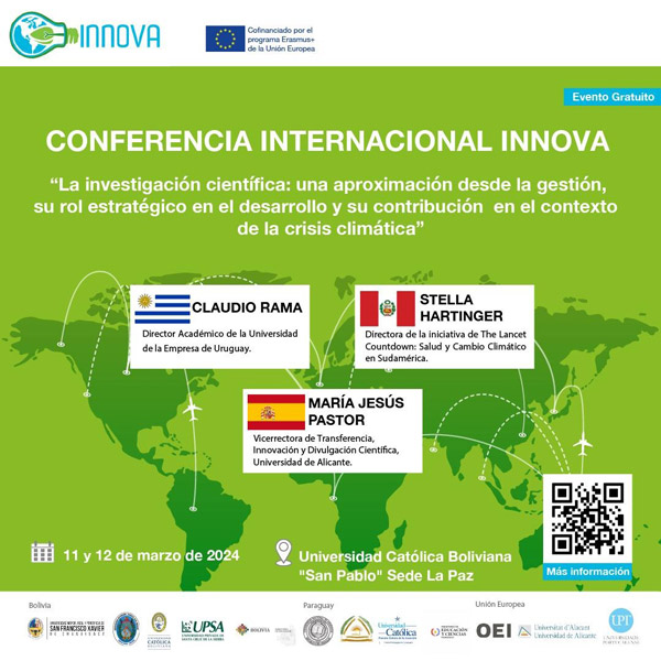 Conferencia Internacional INNOVA 2024 “La investigación científica: una aproximación desde la gestión, su rol estratégico en el desarrollo y su contribución en el contexto de la crisis climática”. La Paz, Bolivia – 11 y 12 de marzo de 2024.