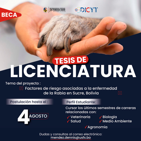 Beca «Tesis licenciatura factores asociados a la enfermedad de la rabia en Sucre, Bolivia»